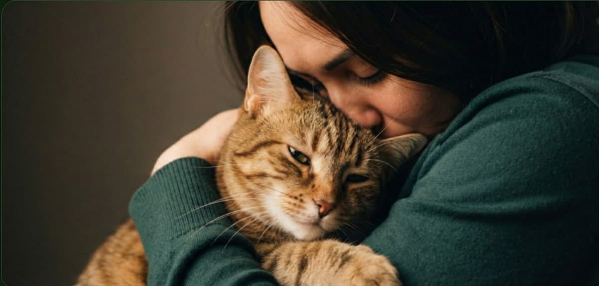 A person embracing their cat