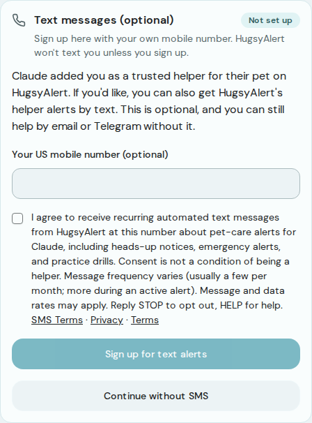Helper SMS opt-in form with a blank phone field, an unchecked consent box, frequency and rate disclosures, and policy links