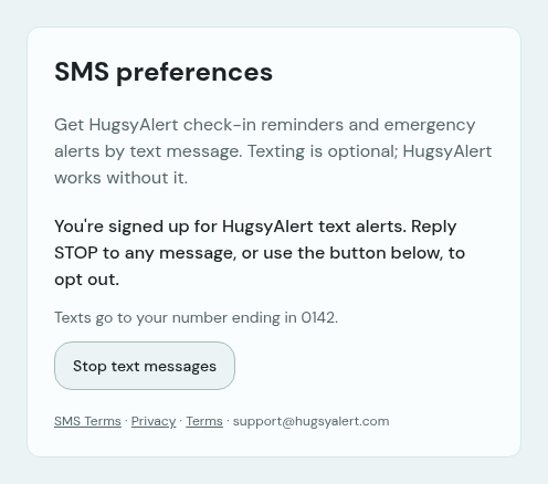 Owner SMS preferences after opting in, confirming sign-up with STOP instructions and a button to stop text messages