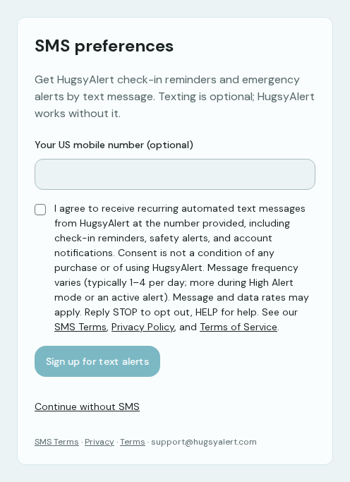 Owner SMS opt-in form with a blank phone field, an unchecked consent box, frequency and rate disclosures, and policy links